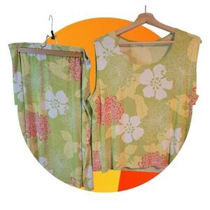 90s Floral Green and Pink Sleeveless Top and Skirt Set